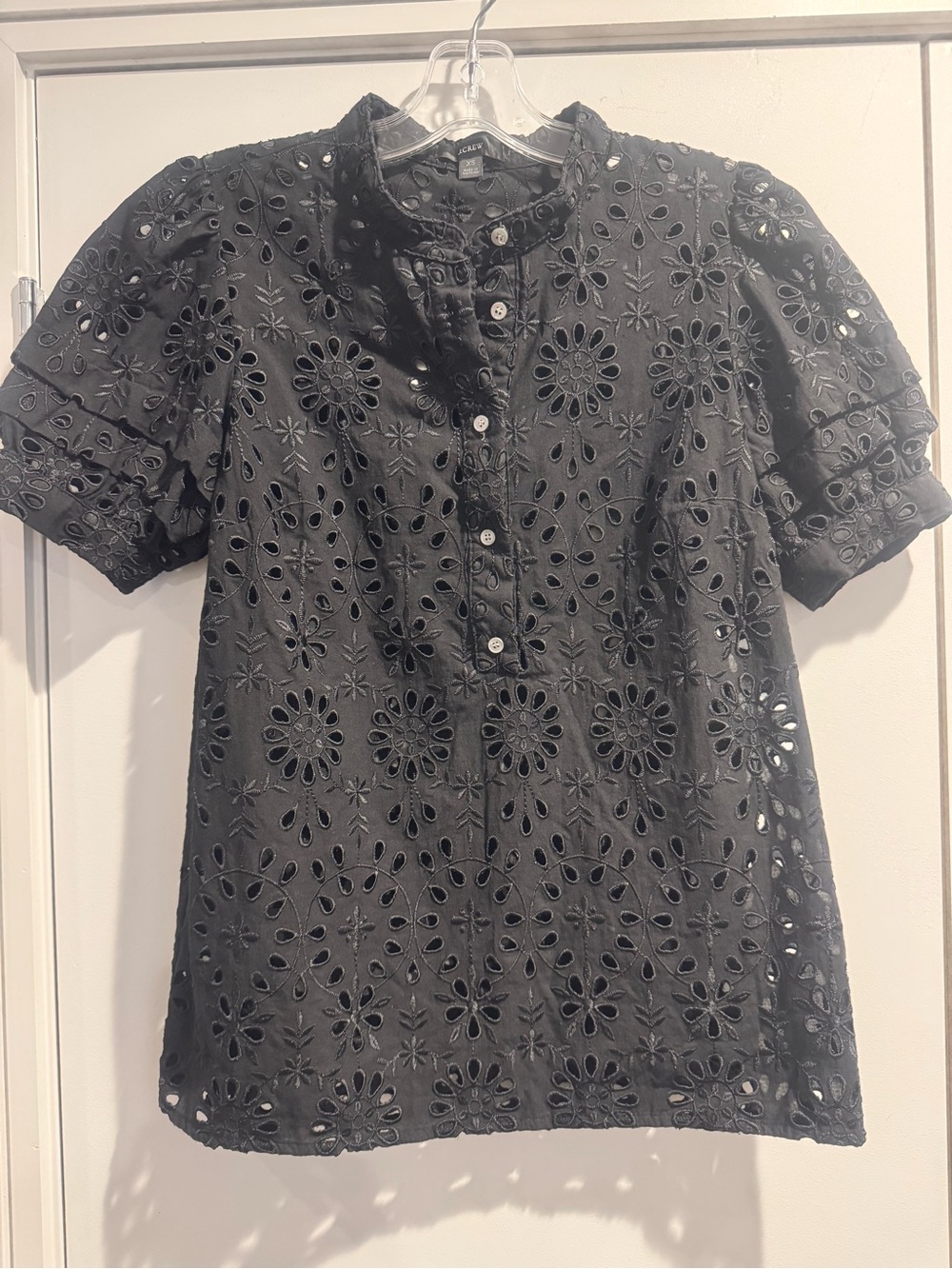 J. Crew Black Eyelet Short Sleeve Polo Blouse